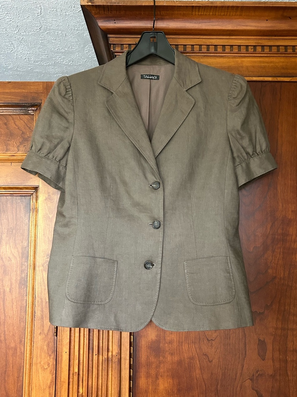 Tahari Olive/Brown Java(Neutral)Short-Sleeve Notch-Lapel Stitching Design Blazer - Picture 4 of 16